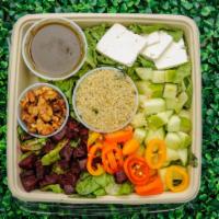 Feta Beet Dairy Salad · Feta cheese with beets, candied walnuts, green apples, peppers and quinoa!