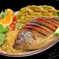 Mojarra Frita · Whole Fried Tilapia, served with Rice and Salad