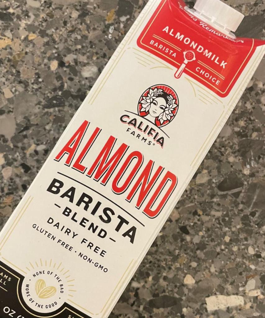 32 fl oz. Califia Barista Almond Milk · We get how vital that creaminess and stretch (aka, latte art) is for the pro and at-home barista. That's why we specially crafted this almond milk with full-bodied goodness for our espresso lovers. Almond milk (water, almonds), cane sugar, calcium carbonate, sunflower lecithin, sea salt, potassium citrate, natural flavors, locust bean gum, gellan gum.