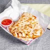 Chicken Quesadilla · Spicy tomatoes and cheddar-jack cheese with salsa and sour cream.