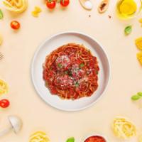 Spaghetti With A Chance of Meatballs · Al dente spaghetti in our house made garlic marinara sauce paired with meatballs and topped ...