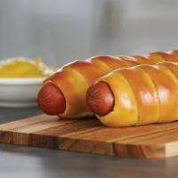 Pretzel Dog · All beef hot dog with american cheese.