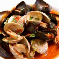 Cozze e Vongole in Brodetto Rosso Aromatico ·  Mussels and Clams  In a Light Spicy Tomato Pernod  Infusion  Served with Toasted Garlic Bre...