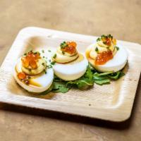 Deviled Eggs · white miso, spicy mustard, marinated salmon roe, chives