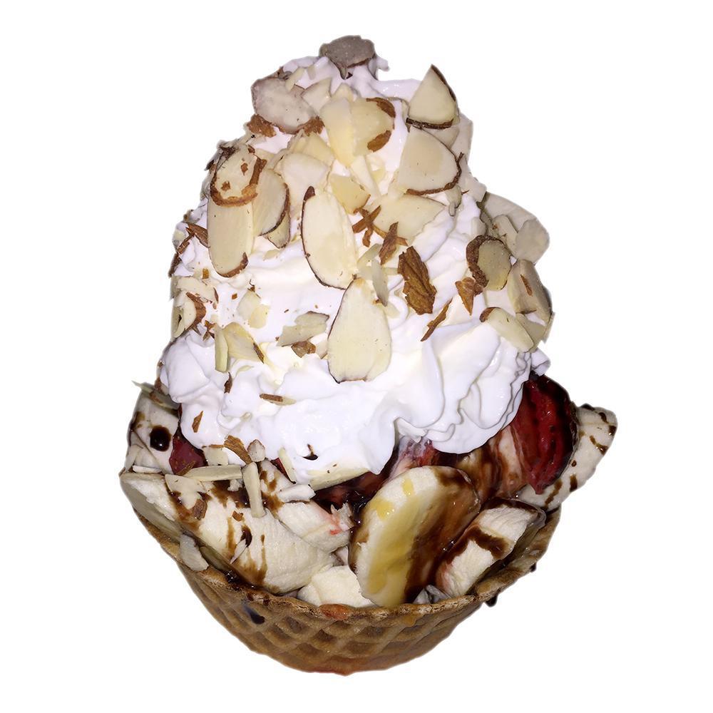 Royales · (ICE CREAM SUNDAE) Bananas, strawberries, 2 scoops of ice cream, chocolate, caramel, strawberry syrup, whipped cream, with sprinkles, & choice of granola, almonds or pecans.