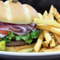 Hamburger (NO CHEESE) · Our juicy 1/3lb beef burger.
