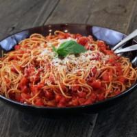Pasta with Marinara Sauce · Marinara sauce is a tomato sauce, made with tomatoes, garlic, herbs, and onions.