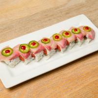 Closter Roll · Spicy tuna, avocado with yellow tail, masago, jalapeno, Sriracha, and spicy mayo.