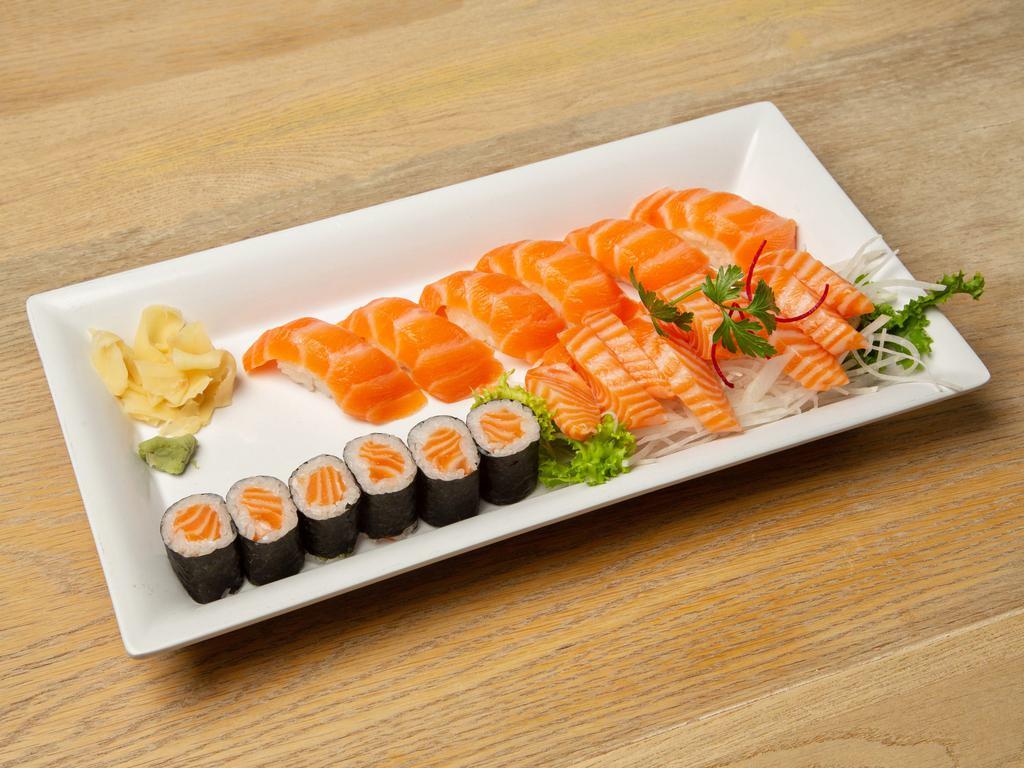 Salmon Lover · Salmon roll, 9 piece of salmon sashimi & 6 salmon sushi