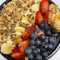 Power Acai Bowl · Blended organic acai, strawberries, blueberries, chocolate protein and almond milk, topped w...