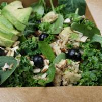 Superfood Salad · Quinoa, kale. Baby spinach, blueberries, avocado, almonds. Dressing: apple cider vinaigrette.