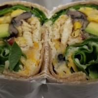 Grilled Chicken Avocado Wrap · Grilled chicken breast, spinach, avocados, corn, black bean, shredded cheddar cheese, Chipot...
