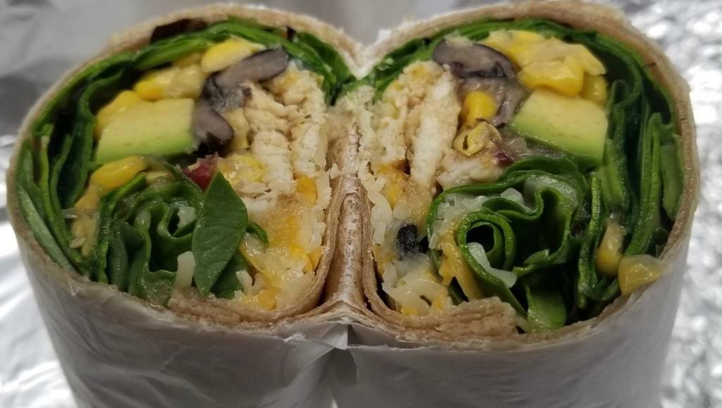 Grilled Chicken Avocado Wrap · Grilled chicken breast, spinach, avocados, corn, black bean, shredded cheddar cheese, Chipotle Mayo.
