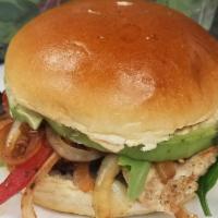 Grilled Chicken Sandwich · Brioche Bread, avocado, onions, roasted red peppers. Dressing: Chipotle Mayo.