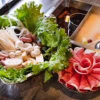 Beef Hot Pot for 2 双人牛肉锅 · Includes 1 order of beef, lettuce, wood ear fungus, seaweed knot, Flammulina mushroom, mini ...