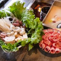 Pork Hot Pot for 2 双人猪肉锅 · Includes 1 order of pork, lettuce, wood ear fungus, seaweed knot, Flammulina mushroom, mini ...