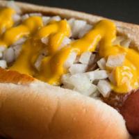Chili Cheese Dog · All beef hot dog drenched in chili, cheese, mustard and onions.