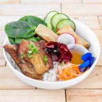 Vermicelli Bowl Smoked Pork Belly · Served with an egg roll