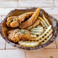 Tendies and Fries · Seasoned chicken tenders with a serving of smoked beef tallow fries topped with scallions. A...