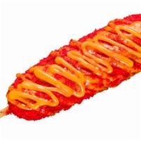 Spicy Dog · Combination of Two Hands spicy sauce and cheetos powder.