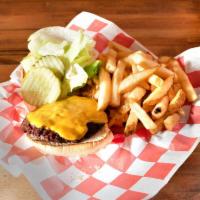 Cheeseburger · Choice of cheese and 6 oz burger served on sesame seed bun with pickle and cole slaw. Deluxe...