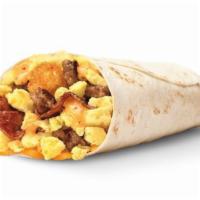 Ultimate Meat & Cheese Breakfast Burrito · made w/ egg, cheese, bacon, sausage, tots, cheese & Baja sauce