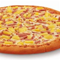 Hula Hawaiian Pizza · Large round pizza with ham and pineapple.
