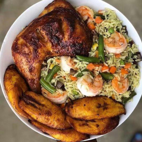 Fried Rice · Traditional West African rice and assorted vegetables and comes with choice of chicken, beef, goat, or fish and