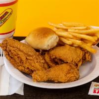 3PC Chicken · Served with 1 regular side, 1 drink, $ a biscuit or a roll.
