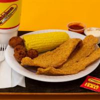 2 Fish Combo Meal · Includes: 2 Fish, 1 Regular Side, Choice of Bread, 2 Sauces, & a 32oz Drink.