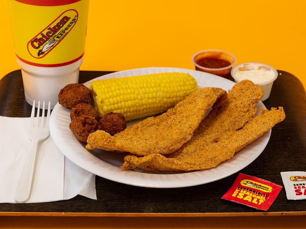 2 Fish Combo Meal · Includes: 2 Fish, 1 Regular Side, Choice of Bread, 2 Sauces, & a 32oz Drink.