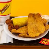 3 Fish Combo Meal · Includes: 3 Fish, 1 Regular Side, Choice of Bread, 2 Sauces, & a 32oz Drink.