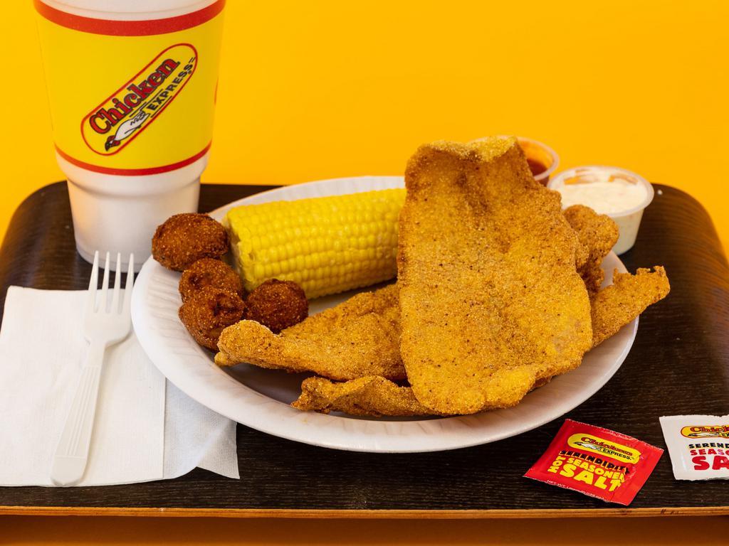 3 Fish Combo · Includes: 3 Fish, 1 Regular Side, Choice of Bread, 2 Sauces, & a 32oz Drink
