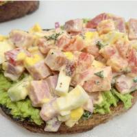 Avocado & Ham Egg Salad Toast · Mashed avocado, chopped hard boiled egg, chopped thick cut honey ham, fresh parsley, chopped...