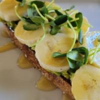 Honey Bunches Avocado Toast · Mashed avocado, freshly squeezed lemon, bananas, sea salt, drizzle of sweet honey and served...