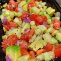 Cucumber Tomato Avocado Salad · Chopped tomatoes, sliced cucumbers, red onions, fresh cilantro, diced avocado, olive oil, fr...