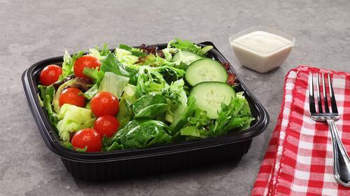 Garden Salad · A delightful mix of romaine, iceberg and tender spring mix lettuces topped with cherry tomatoes, cucumbers and croutons plus your choice of dressing.