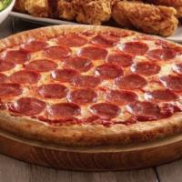 Pepperoni Pizza · Our classic cheese pizza topped with generous helping of pepperoni.