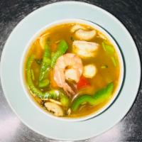 1. Tom Yum Gung Soup · Hot and sour lemongrass broth with shrimp, bell peppers and mushroom. Hot and spicy.