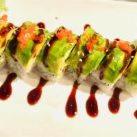 63. Dragon Roll · Eel, cucumber inside topped with avocado and caviar.