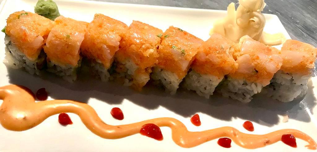 70. Soho Roll · White tuna and avocado inside, top with spicy scallop.