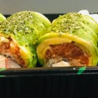 71. Green Hill Roll · Kani cream cheese with crunchy spicy tuna topped with avocado.