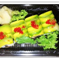 E. Wasabi Roll · Tuna, salmon with crunchy inside, avocado, wasabi and red tobiko on top.