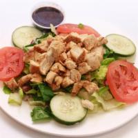 Grilled Chicken Salad · Romaine hearts, cucumber, tomato, olive, red onion, grilled chicken  and balsamic vinegar.
