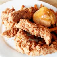 4 Pieces Tender combo · Served with honey butter biscuit, French fries, and choice of Sauce