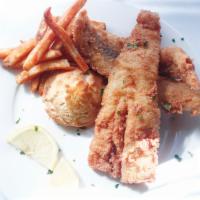Fish and chips- 2 pcs · Served with honey butter biscuit, French fries, and choice of Sauce