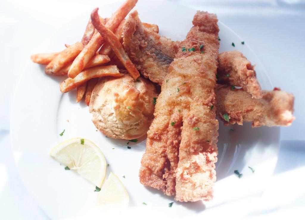 Fish and chips- 3pcs · Served with honey butter biscuit, French fries, and choice of Sauce