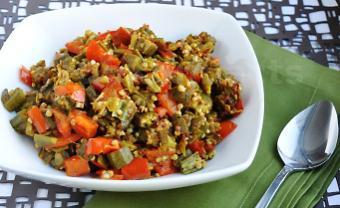 Okra Capsicum Masala · Indian style cooked okra along with bell peppers and spices.
