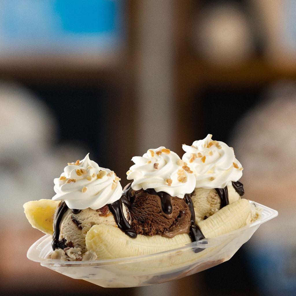 Banana Split (3 scoops) · Includes one banana, three scoops of your favorite flavor(s), whipped cream, ＆ three toppings of your choice!  Assembly required!