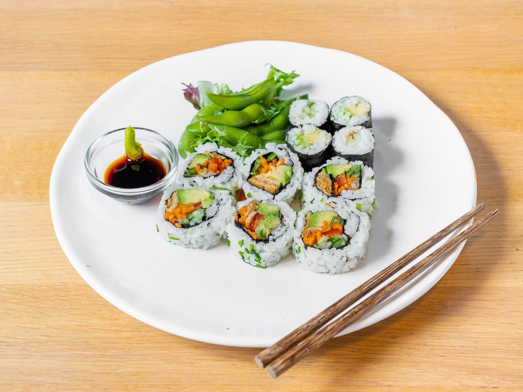 Vegetable Maki  · Tofu veggie roll, tempura veggie roll, veggie croquette roll, cucumber roll, edamame pods, and mesclun.